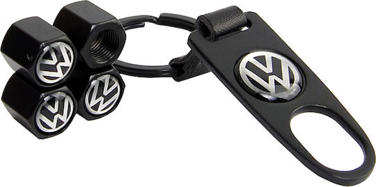 Car Tire Valve Caps with Logo Volkswagen with Keychain Black 4pcs