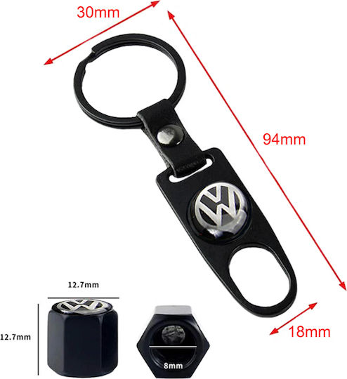 Car Tire Valve Caps with Logo Volkswagen with Keychain Black 4pcs