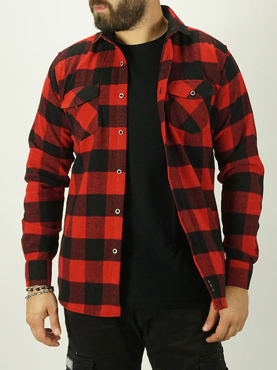 Long Sleeve Flannel Overshirt in Narrow Fit Checked Red