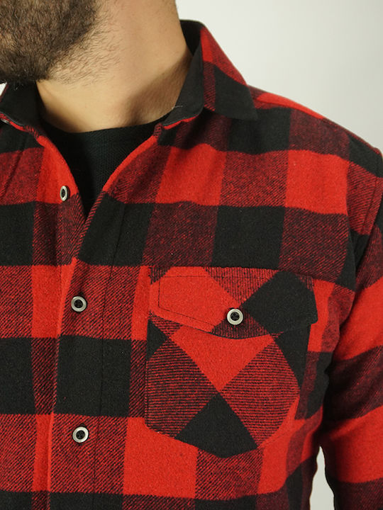 Long Sleeve Flannel Overshirt in Narrow Fit Checked Red