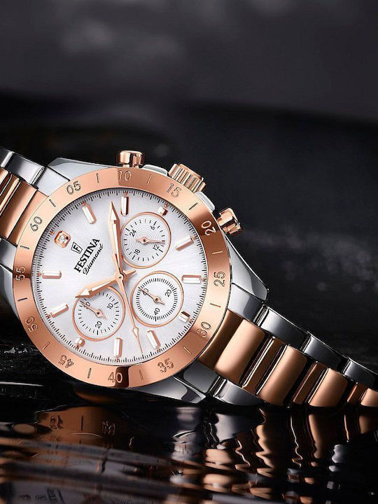 Festina Дамски Часовник Хронограф с Розово злато Метална Гривна