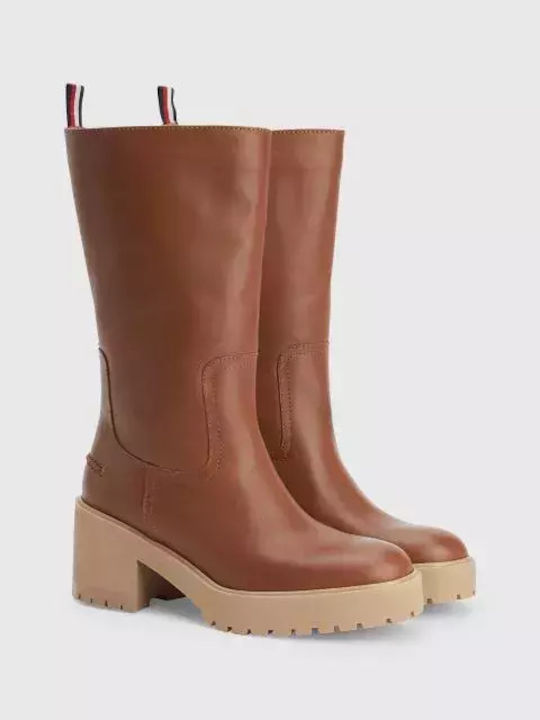 Leder Damenstiefel mit Mittelhohem Absatz Winter Cognac