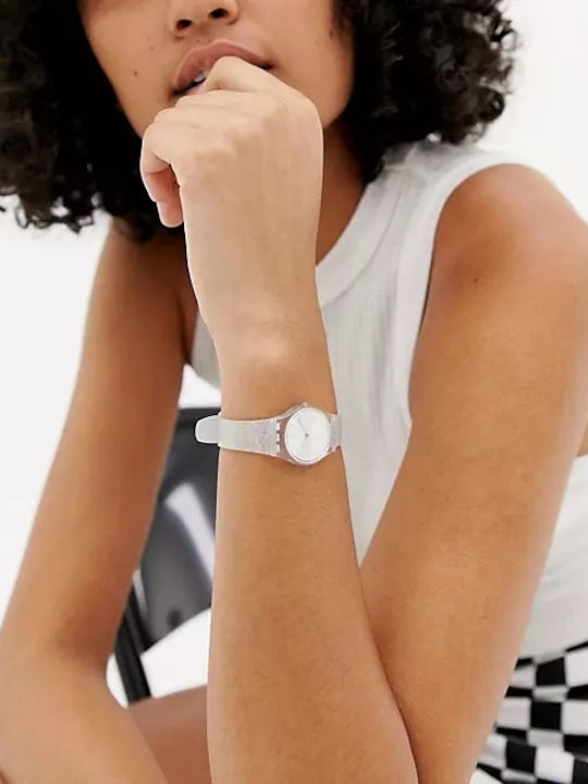 Swatch Silver Glistar Too Γυναικείο Ρολόι Μπαταρίας με Λευκό Καουτσούκ Λουράκι
