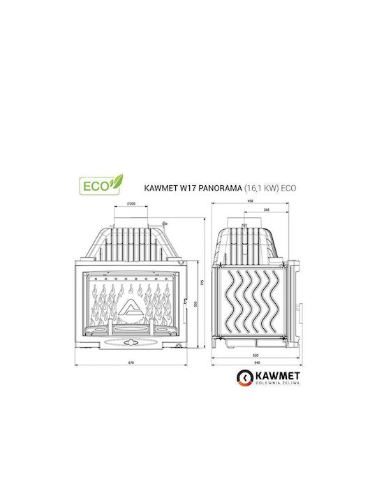 Kawmet W17 Panorama Eco Kaminofen Holz 16.1kW Gerade mit einer zu öffnenden Tür
