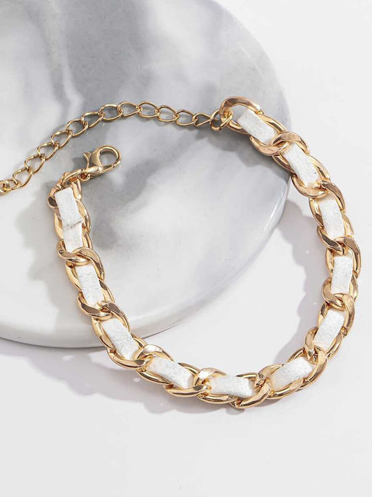 Women's bracelet with white leather, made of gold plated brass alloy and leatherette.