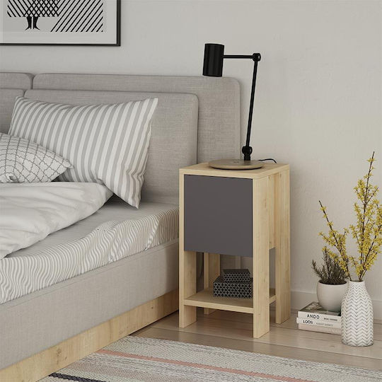 Sidon Wooden Bedside Table Φυσικό Οξιάς / Ανθρακί 30x30x55cm