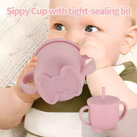 Baby Donkey Baby Cup with Handles and Straw made of Silicone Pink for 6m+m+