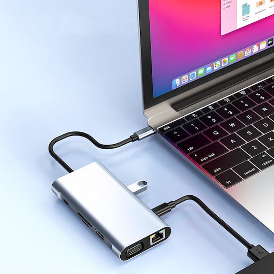 Tech-Protect 10in1 USB-C Докинг станция с HDMI 4K PD Етърнет Сив