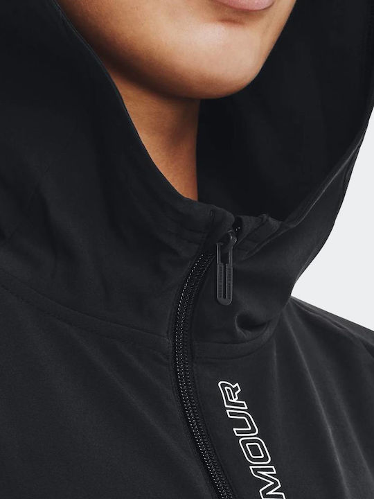 Women's Short Sports Jacket Waterproof and Windproof for Spring or Autumn with Hood Black