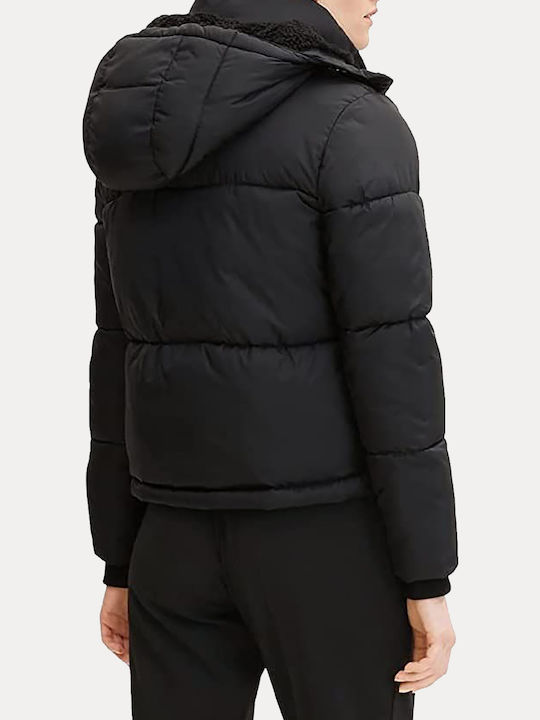 Tom Tailor Arctic Kurz Damen Puffer Jacke mit pelziger Kapuze für Winter Schwarz