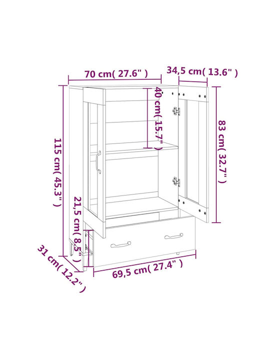 Living Room Display Cabinet Made of Particle Board with Windowed Brown 70x31x115cm