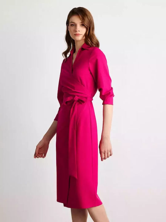 Midi Shirt Dress Dress 3/4 Sleeve Wrap Fuchsia
