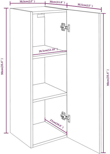 Wall-Mounted Living Room Cabinet Made of Particle Board with Lighting Smoky Oak 30.5x30x90cm