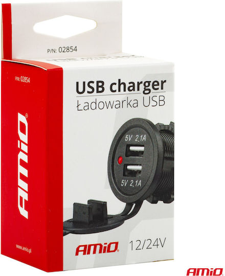 AMiO Πρίζα με 2 Θύρες USB 12/24V - 2x5V/2.1A Φ37x51mm