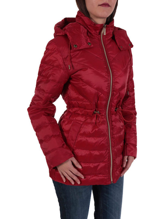 Women's Short Puffer Jacket for Winter with Detachable Hood Red