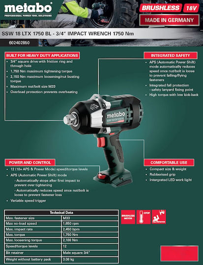 Metabo Ssw 18 Ltx 1750 Μπουλονόκλειδο 18V Solo με Υποδοχή 3/4"