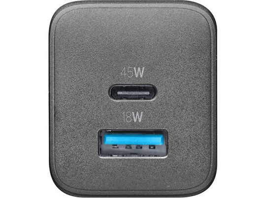 Cellular Line Φορτιστής Χωρίς Καλώδιο GaN με Θύρα USB-A και Θύρα USB-C 45W Power Delivery Μαύρος (ACHUSBGAN2PD45WK)