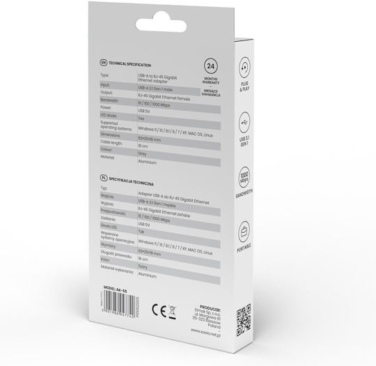 Savio AK-55 Αντάπτορας Δικτύου USB με Ενσύρματη Σύνδεση Gigabit Ethernet