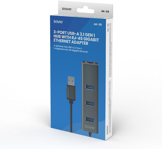 Savio USB-Hub 3 Anschlüsse USB 3.1 mit USB-A Anschluss Grau