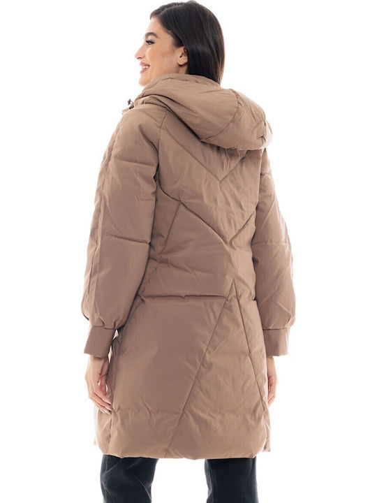Women's Long Puffer Jacket for Winter Dark Beige
