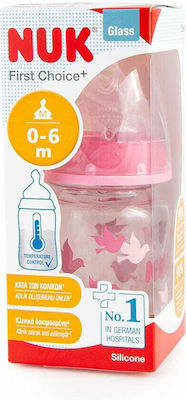 Nuk Glasflasche First Choice Plus Temperature Control Gegen Koliken mit Silikonsauger für 0-6 Monate Pink Vögel 120ml 1Stück 10.747.117