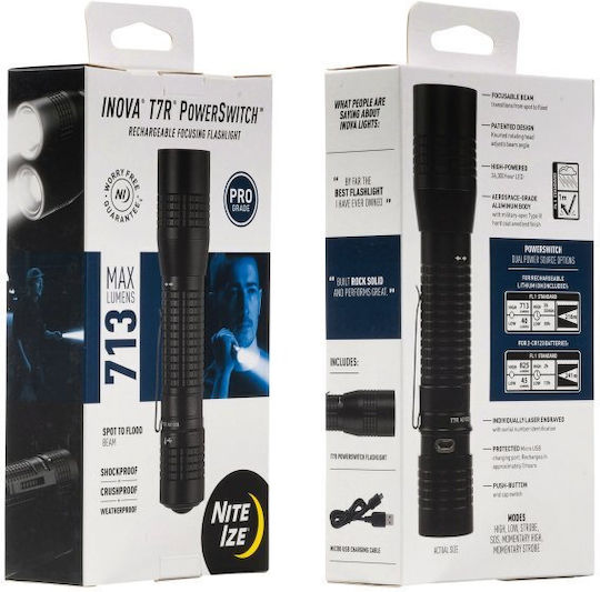Niteize Rechargeable Flashlight LED with Maximum Brightness 713lm Inova T7R Rech CR123 Black