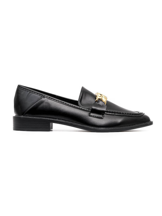 Black flat leather moccasin with gold chain POLITIS