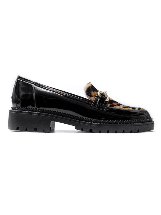 Black leather patent leather moccasins with leopard pony skin and gold decorative POLITIS