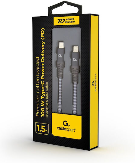 Cablexpert Braided USB 2.0 Cable USB-C Male - USB-C 100W PD Gray 1.5m