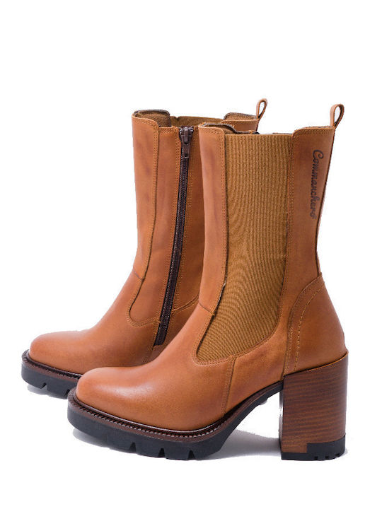 Leather Women's Chelsea Boots with High Heel Tabac Brown