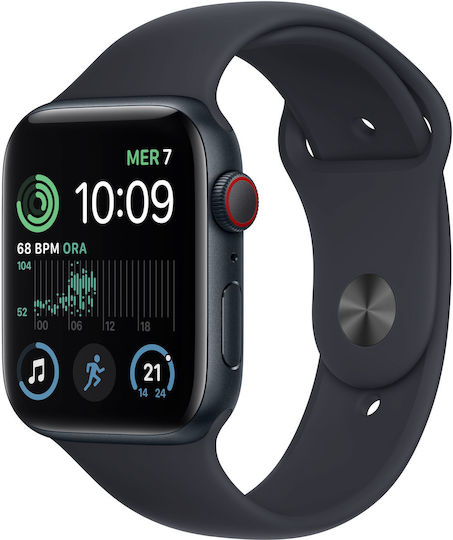 Apple Watch SE 2022 Cellular Aluminiu 44mm Rezistent la apă cu eSIM și Pulsometru (Midnight cu Midnight Sport Band)