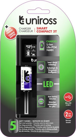 Uniross Φορτιστής 2 Μπαταριών Li-ion/Ni-Cd/Ni-MH Μεγέθους 18650/21700/16340