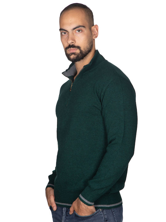 Men's wool sweater with collar and zipper - Cypress green 9830A