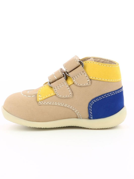 Kickers Bonkro Kids Leather Anatomic Boots with Hoop & Loop Closure Beige