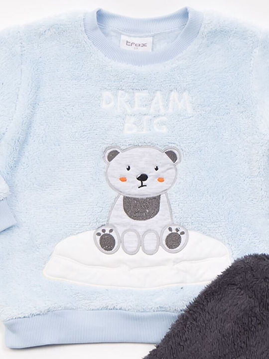 Trax Set Top & Bottom Kids Winter Velvet Pyjamas Light Blue