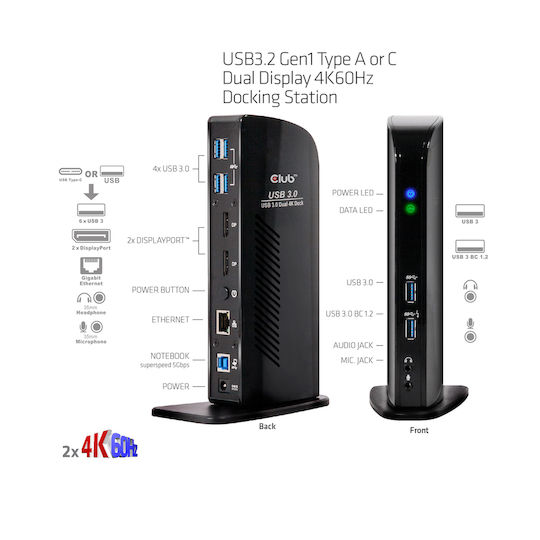Club3D USB-A / USB-C Docking Station with DisplayPort 4K PD Ethernet and Support for 2 Monitors Black (CSV-1460)