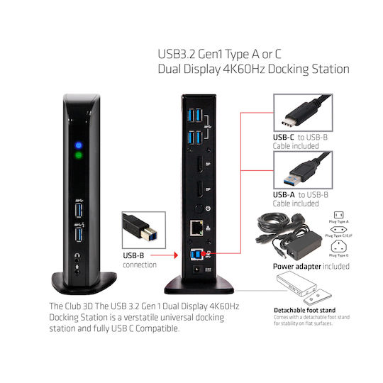 Club3D USB-A / USB-C Docking Station with DisplayPort 4K PD Ethernet and Support for 2 Monitors Black (CSV-1460)