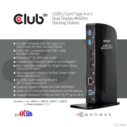 Club3D USB-A / USB-C Docking Station with DisplayPort 4K PD Ethernet and Support for 2 Monitors Black (CSV-1460)