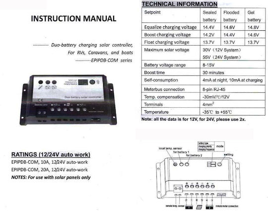Epsolar Ρυθμιστής Φόρτισης PWM 24V 20A
