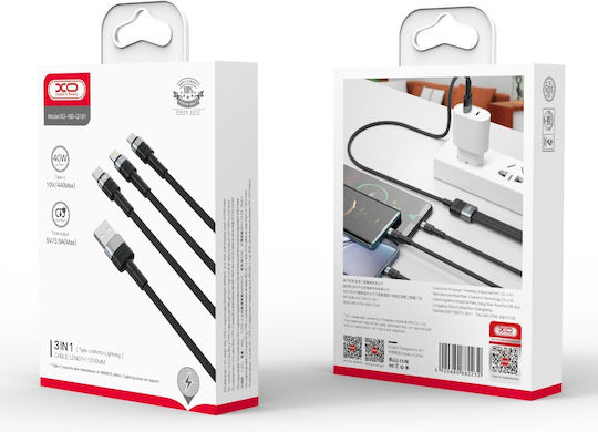 XO NBQ191 Braided USB to Lightning / Type-C / micro USB Cable 4A Μαύρο 1.2m