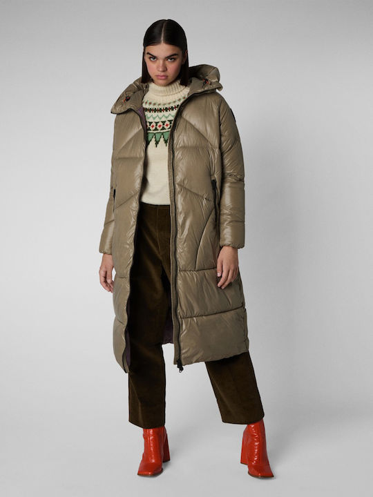 Hilla Women's Long Puffer Jacket for Winter with Hood Elephant Grey
