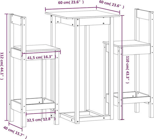 Dining Room 3pcs Pine 60x60cm