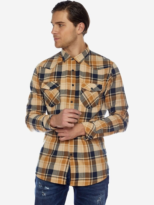 Long-sleeved Cotton Shirt Checked Ochre