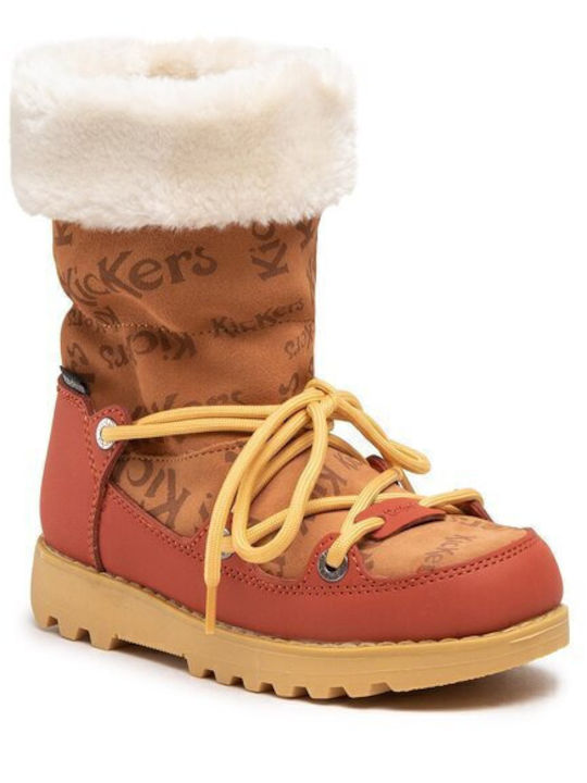 Leather Kids Snow Boots with Laces Tabac Brown