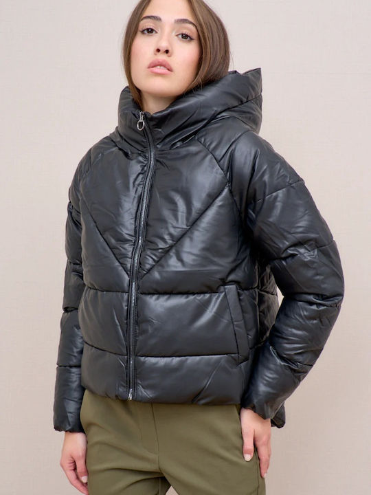 Women's Short Puffer Artificial Leather Jacket for Winter with Hood Black