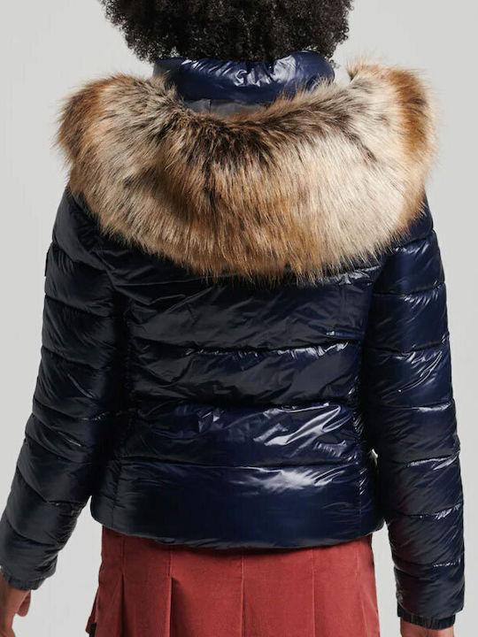 Superdry Fuji Shine Kurz Damen Puffer Jacke mit pelziger Kapuze für Winter Marineblau