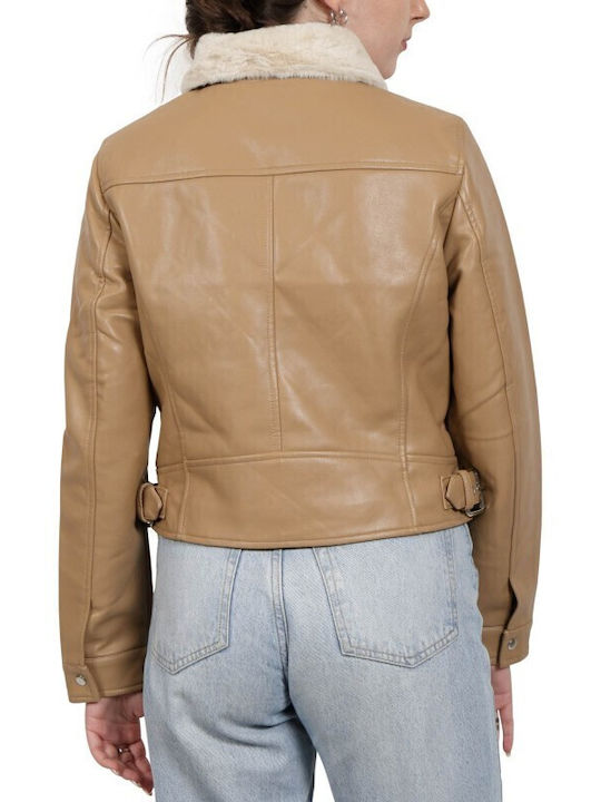 Vero Moda Μπουφάν Biker από Δερματίνη Tigers Eye Beige