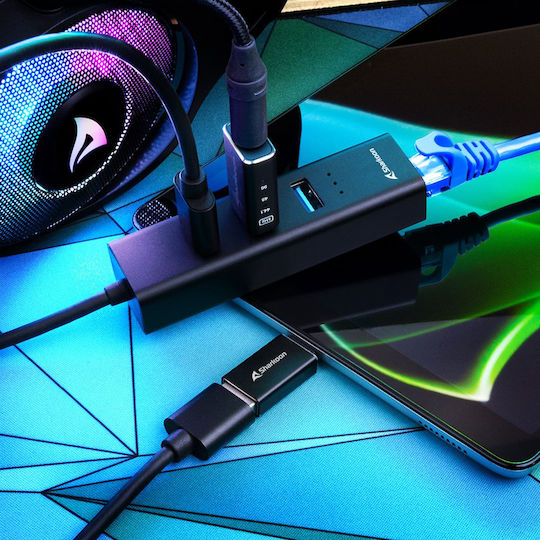 Sharkoon Hub 4 Porturi USB 3.2 Cu Conectare USB-A USB-C Ethernet