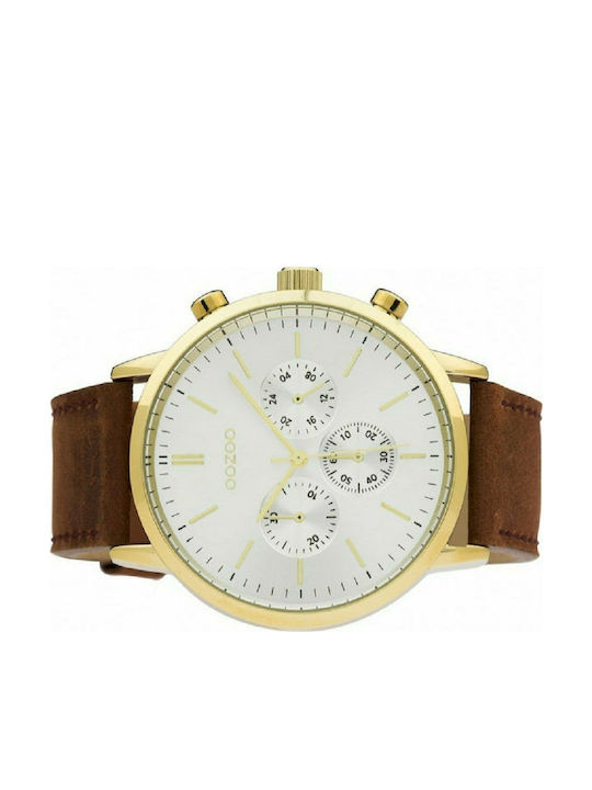 Oozoo Timepieces Summer XL Ανδρικό Ρολόι 48mm Χρονογράφος με Καφέ Δερμάτινο Λουράκι