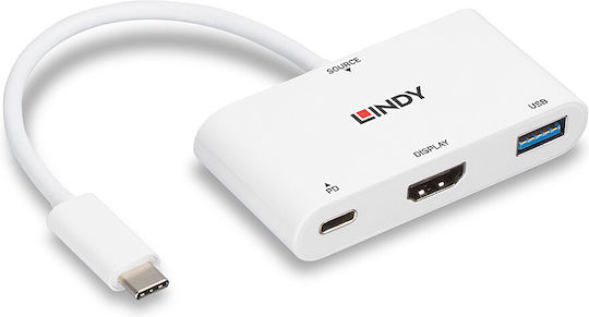 Lindy Μετατροπέας USB-C male σε HDMI / USB-A / USB-C female Λευκό 1τμχ 43340